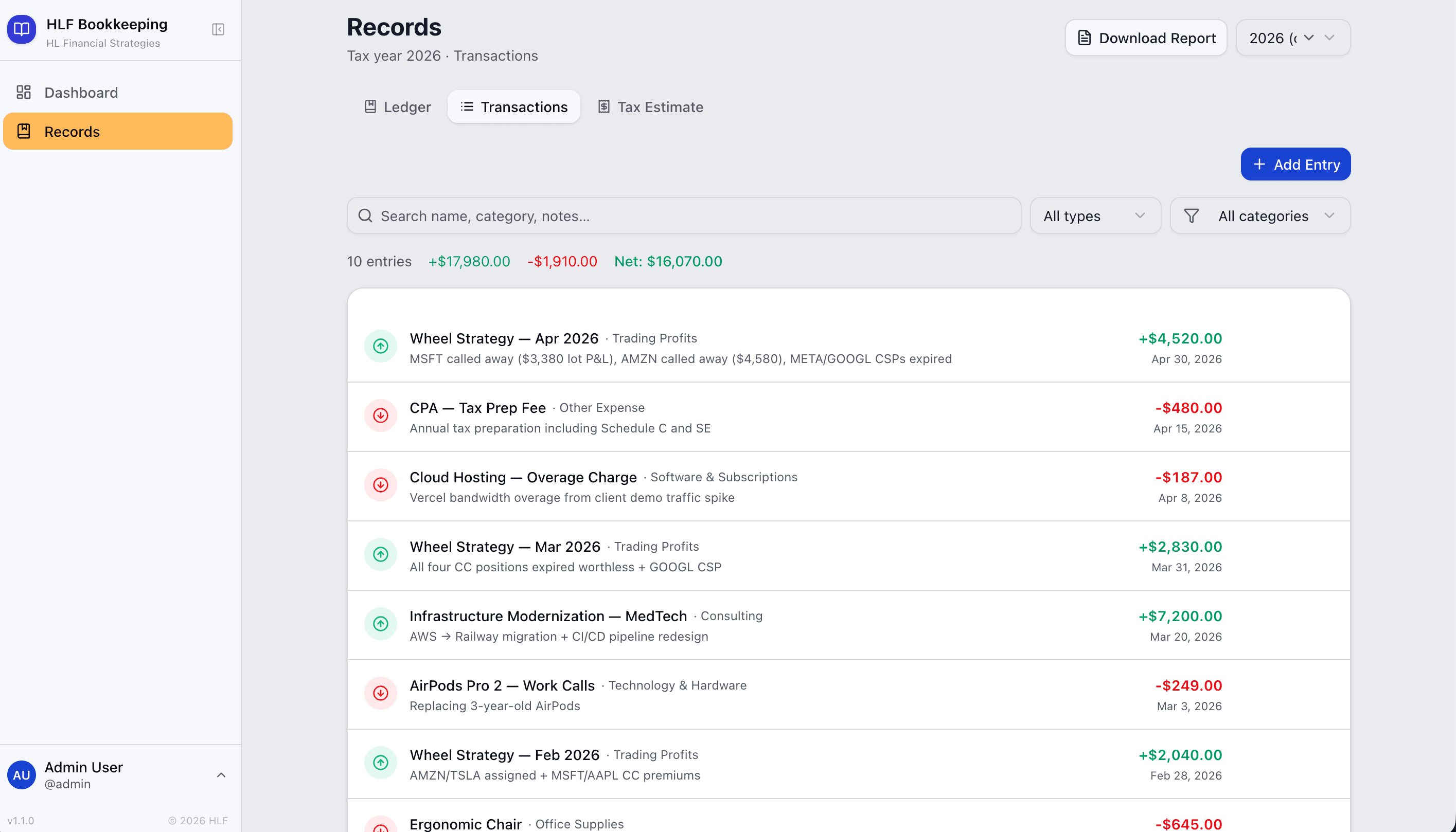 HLF Bookkeeping screenshot